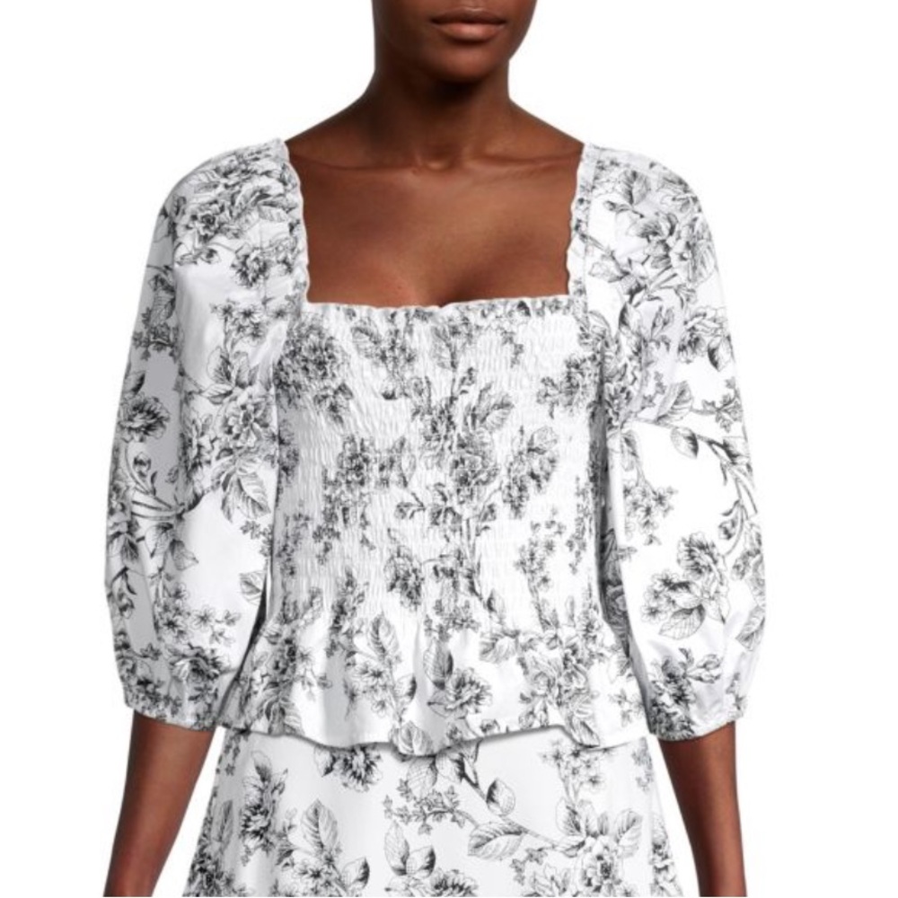 RACHEL PARCELL Floral Smocked Puff-Sleeve Top in Black & White Floral Size 14